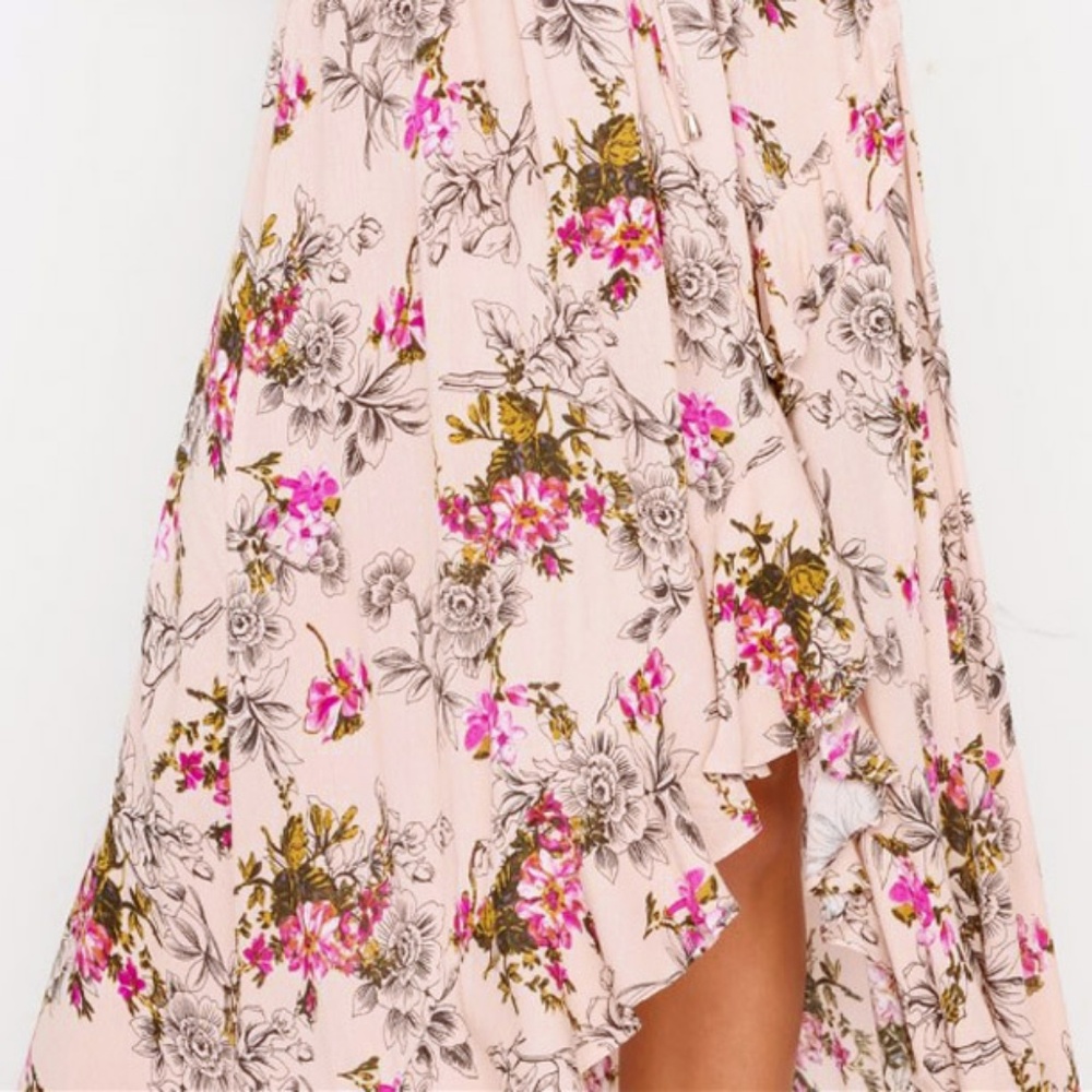 Nude Pink Floral V-Neck Ruffle Skirt Maxi Dress - Picture 3 of 8